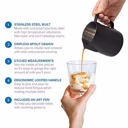 Joeji's Kitchen Stainless Steel Milk Frothing Jug with Latte Art Pen, 350ml, Black – 3