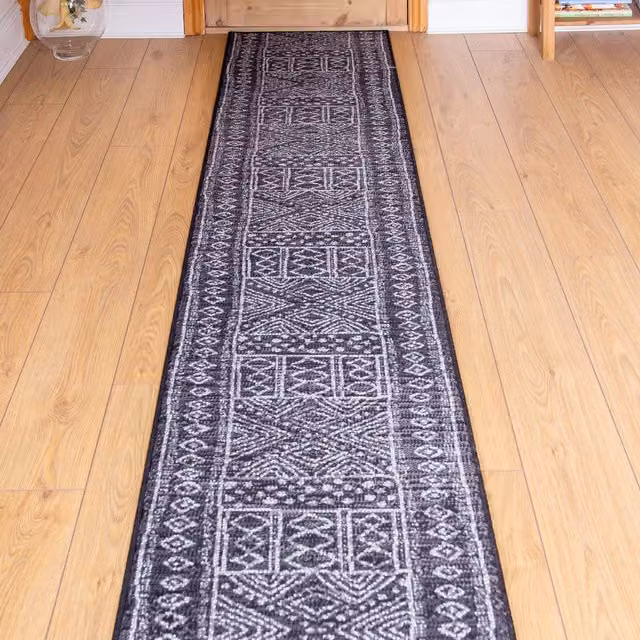 runrug Afrikans Hallway Carpet Runner Rug in Black, W: 70 cm, L: 300 cm