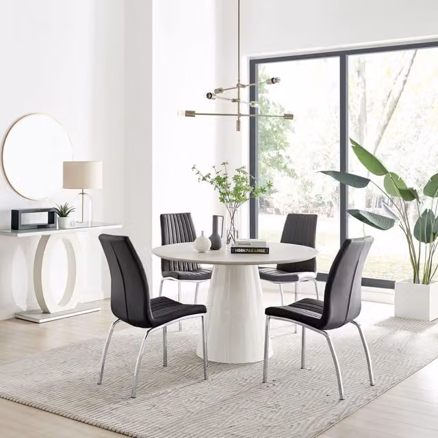 Furniturebox Palma Beige Stone Effect Round Dining Table and 4 Black Isco Chairs