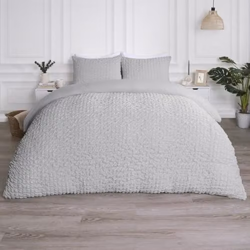 OHS Grey Seersucker Double Duvet Cover Set with Matching Pillowcases
