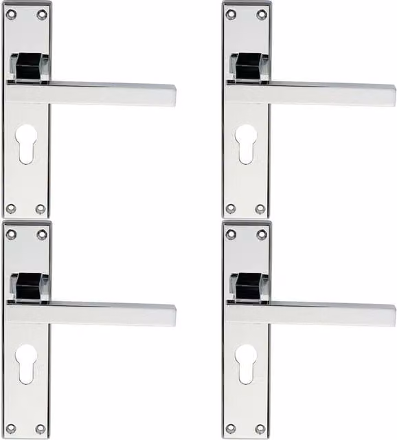 Loops 4 Pairs of Straight Square Lever on Euro Lock Backplate in Polished Chrome, W: 180 mm x H: 40 mm