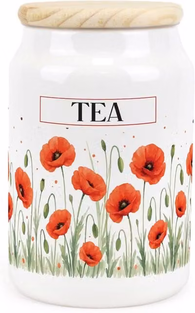 Purely Home Summer Poppies Ceramic Tea Storage Canister, Airtight and Leakproof, Red Floral Design