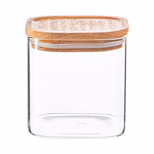 Argon Tableware Square Glass Storage Jar with Airtight Wooden Lid, 680ml, Transparent – 1