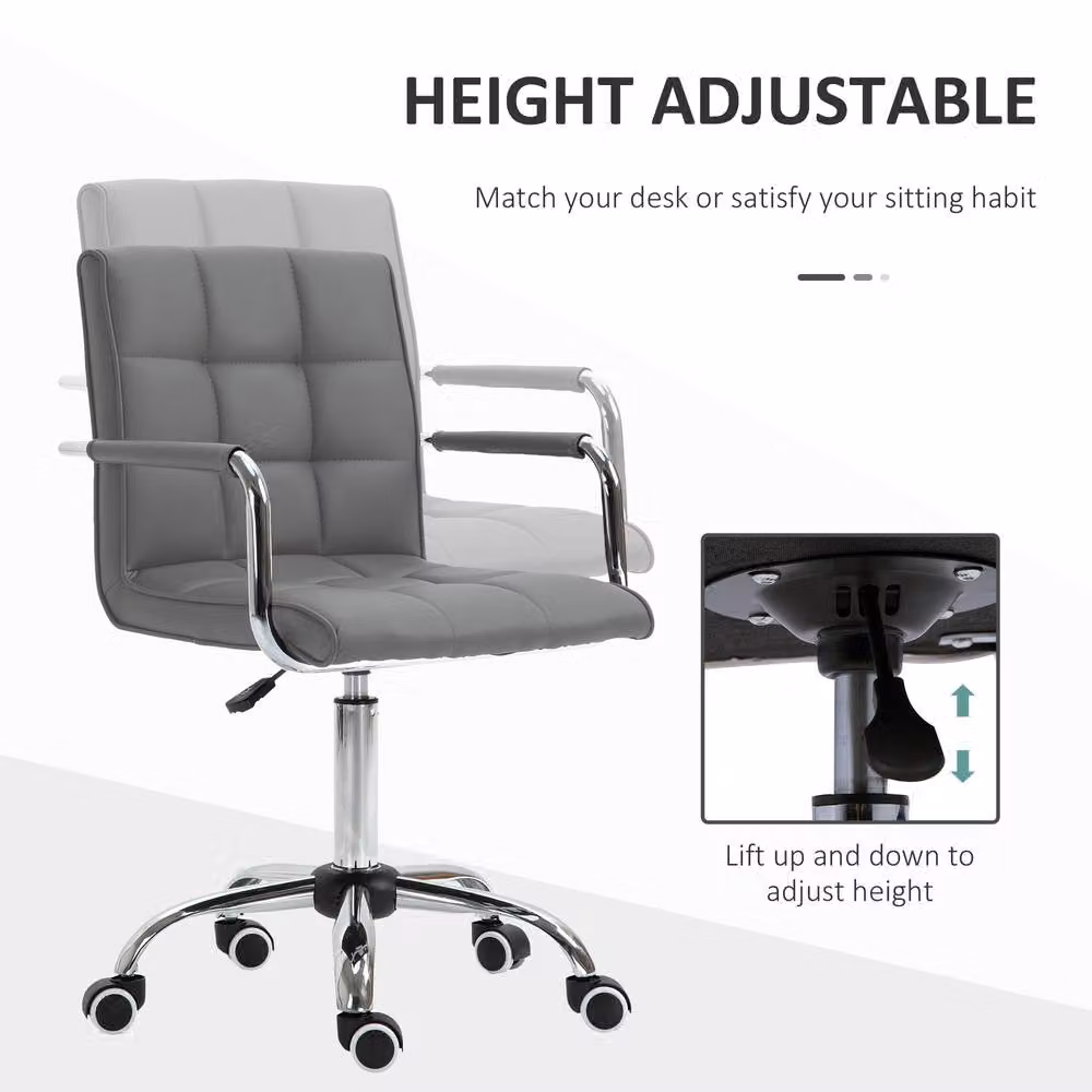 Rolipo Grey PU Leather Swivel Vanity Office Chair with Adjustable Height – 4