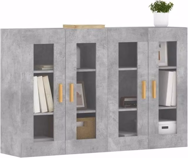 Berkfield Home Wall Mounted Cabinets, 2 Piece Set in Concrete Grey with Glass Doors and Internal Shelves – 1