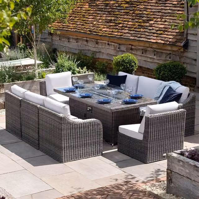 Primrose Living Modern 8 Seater Rattan Sofa Set with Grey Centre Fire Pit Table