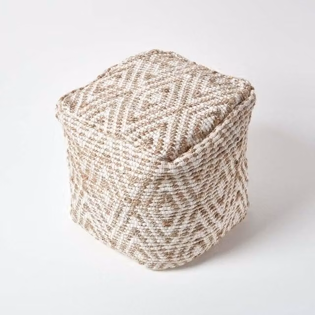 Homescapes Sierra Natural Diamond Pattern Jute and Cotton Bean Filled Pouffe, W/D/H: 60 x 60 x 60 cm, Natural and White
