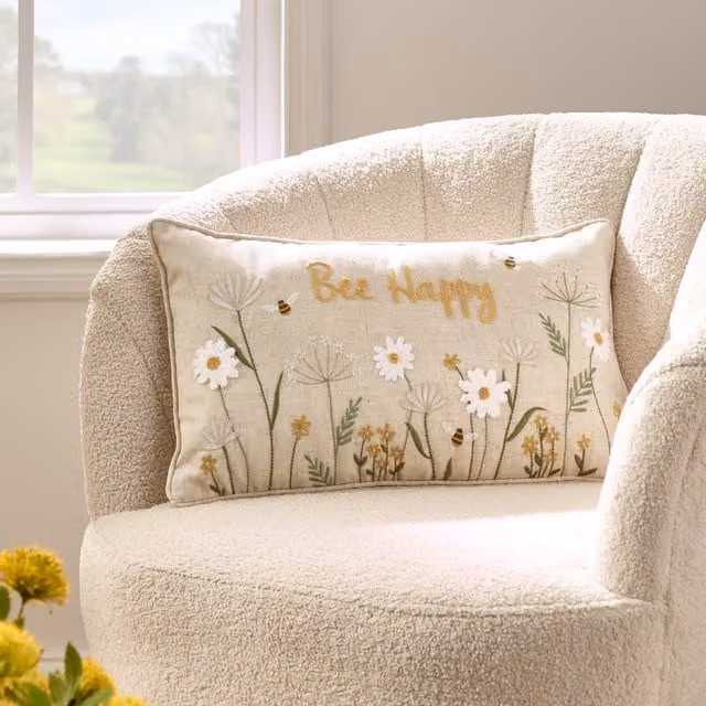 Catherine Lansfield Bee Happy Embroidered Rectangular Cushion, Beige, W: 50 cm, H: 30 cm
