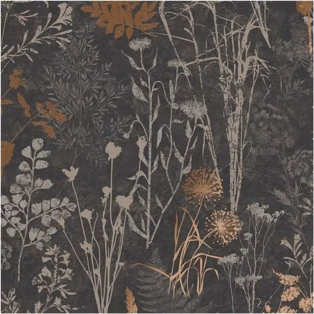 Graham & Brown Superfresco Easy Black and Copper Metallic Organics Floral Wallpaper, Width: 52 cm