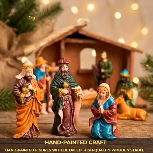 Shatchi Large Handmade Nativity Scene with Wooden Stable and 10-Piece Resin Figurine Set in Brown and Multicolour – 4