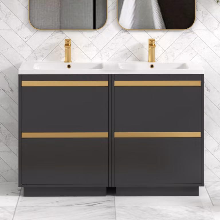 Royal Bathrooms Orion 1200mm Matt Obsidian Black 4 Drawer Floor Standing Vanity Unit with Ceramic Basin and Gold Accent Trim