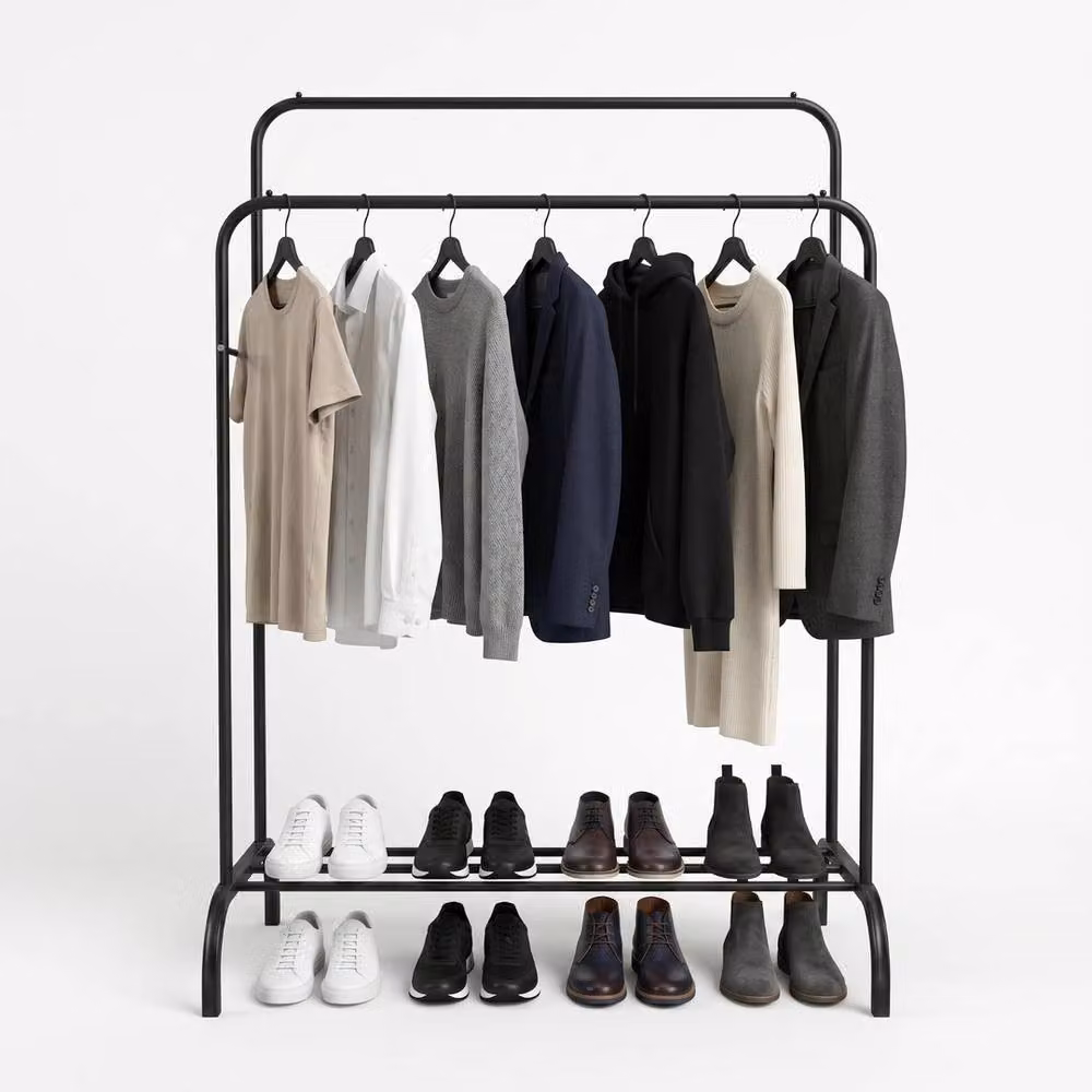 VOGREX Heavy Duty Double Metal Garment Rack with Shoe Storage in Black – 2