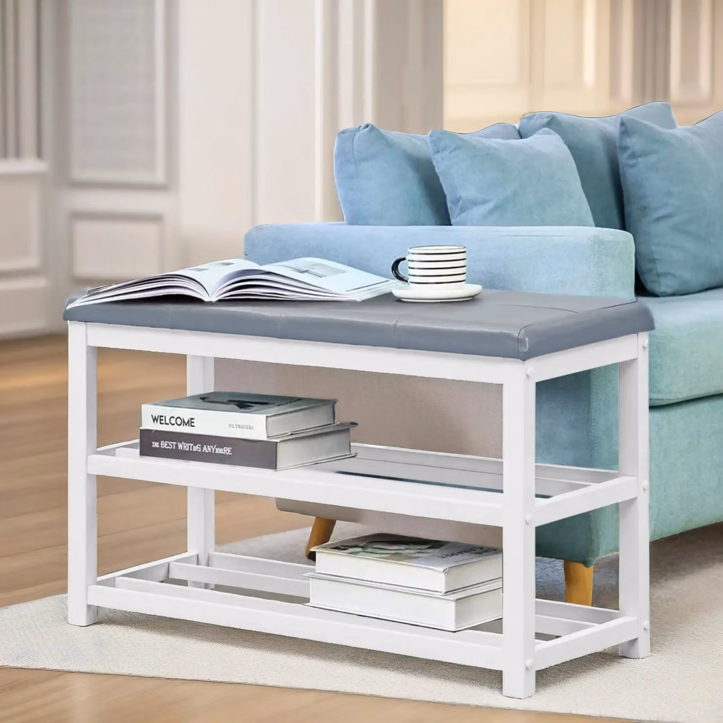 Pirlo Plush Grey 2 Tier Wooden Shoe Rack Bench with Synthetic Leather Seat – 2