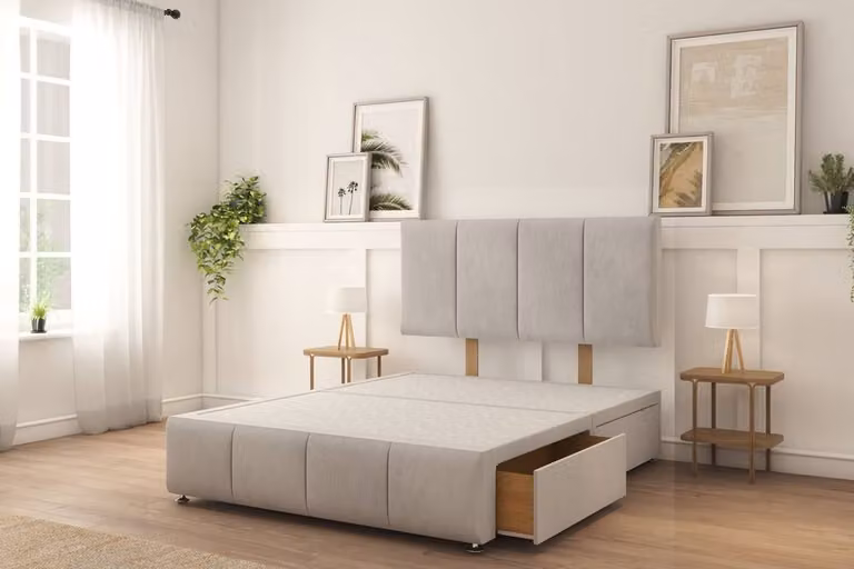 Sloomy Lisbon Naples Small Double Divan Bed Set in Silver with 2 Drawers on Left Side, 26 inch Strutted Headboard and 12 inch Matching Footboard, W/D/H: 120 x 200 cm