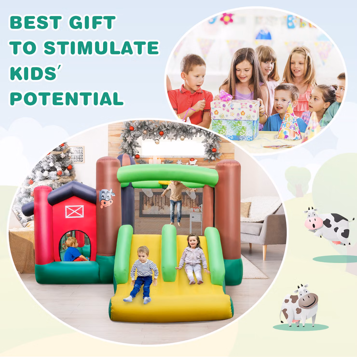 COSTWAY Inflatable Bounce House with Ball Pit and Slide in Green and Multicolour – 2