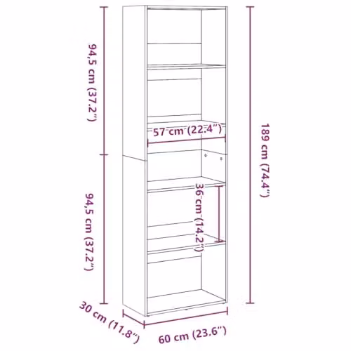 vidaXL Modern Bookcase in Smoked Oak, W/D/H: 60 x 30 x 189 cm – 3