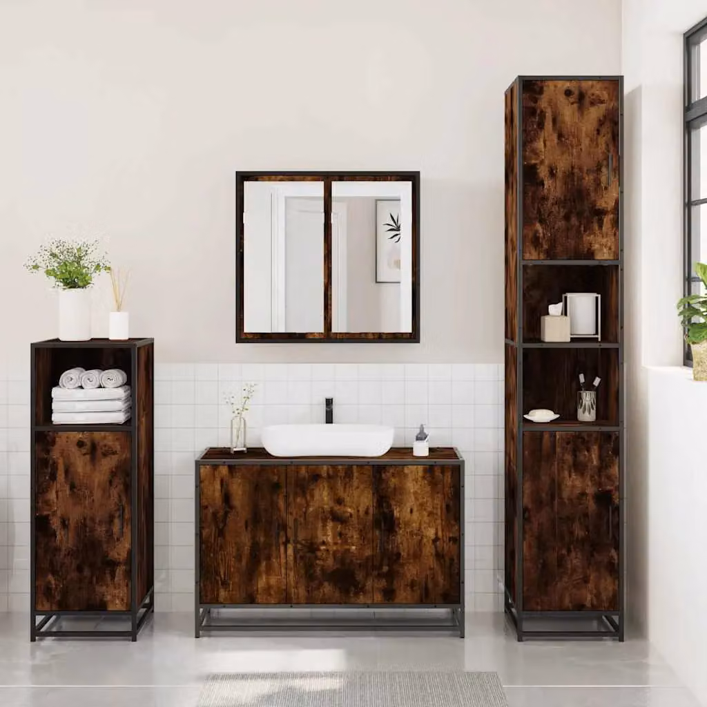 Berkfield Home 3 Piece Industrial Bathroom Furniture Set in Brown Smoked Oak – 3