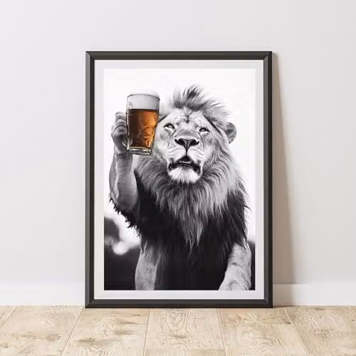 60 Second Makeover Funny Lion Drinking Beer Illustration Paper Poster, Multicolour, A3