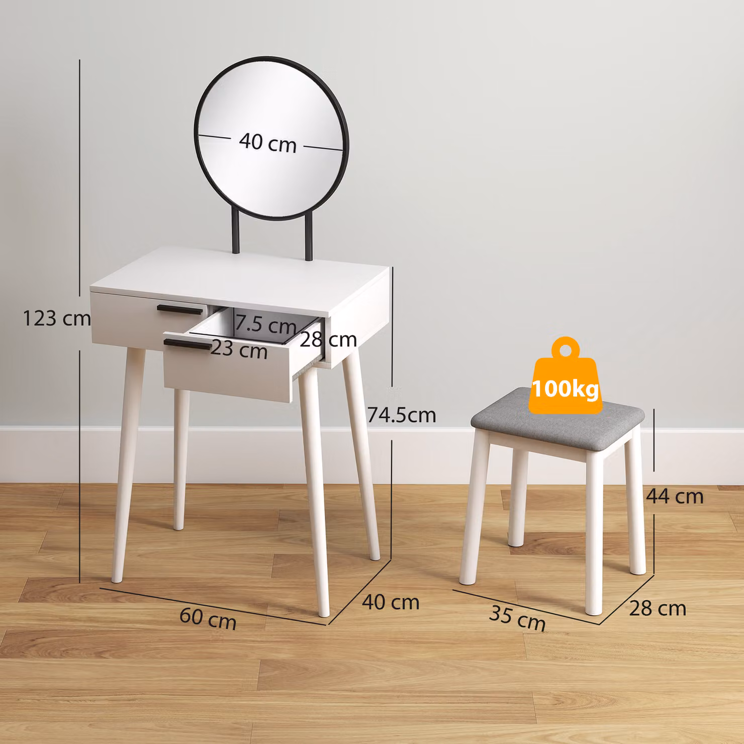 HOMCOM Dressing Table with Mirror and Stool Set in White, featuring 2 Drawers and a Cushioned Stool, W/D/H: 60 x 40 x 123 cm – 2
