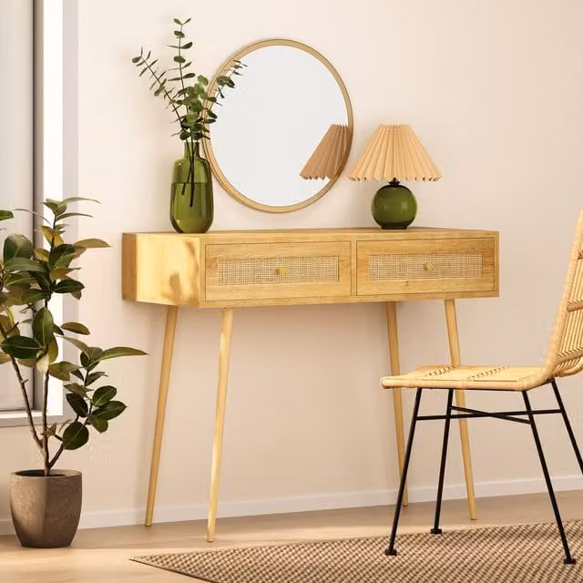 VonHaus Sienna Rattan Bedroom Vanity Dressing Table in Brown and Gold, W/D/H: 88 x 77 x 40 cm – 1