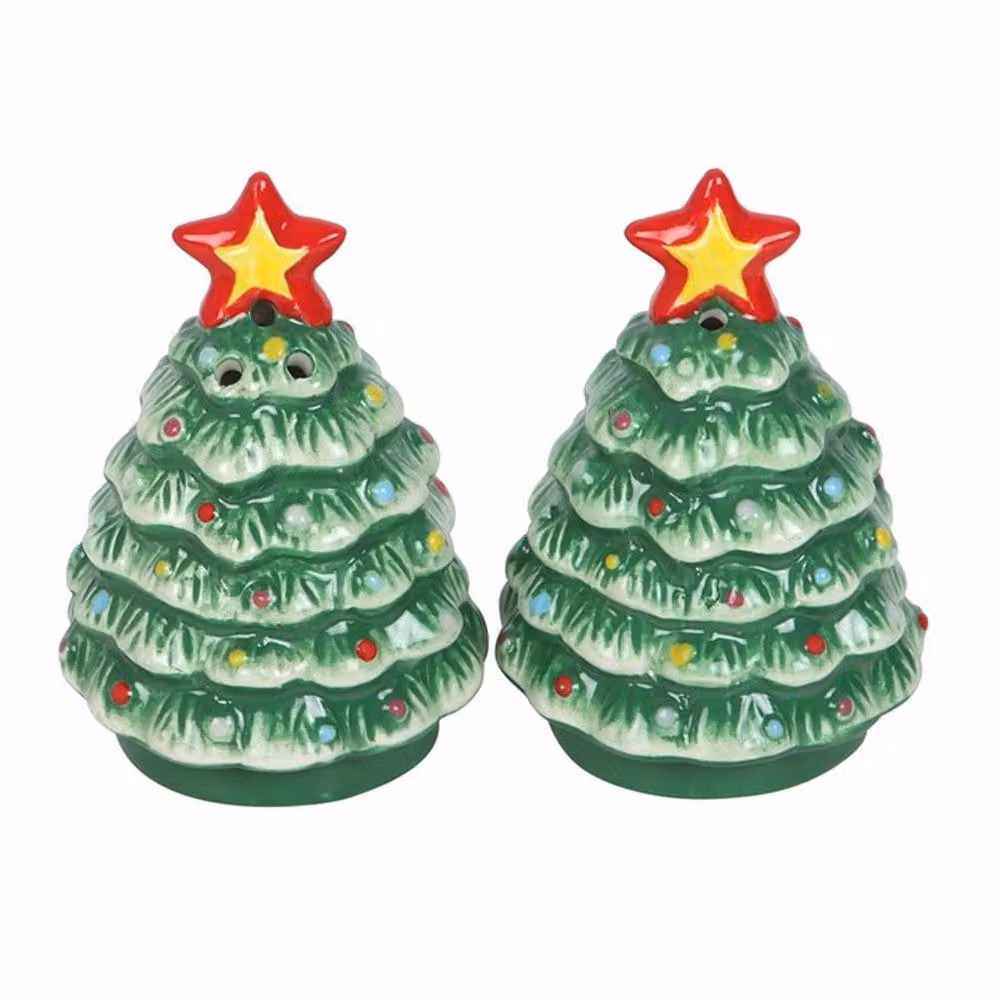 Uniqueful Nostalgic Christmas Trees Salt and Pepper Shakers, Multicolour Green Ceramic, 1 Pack – 2