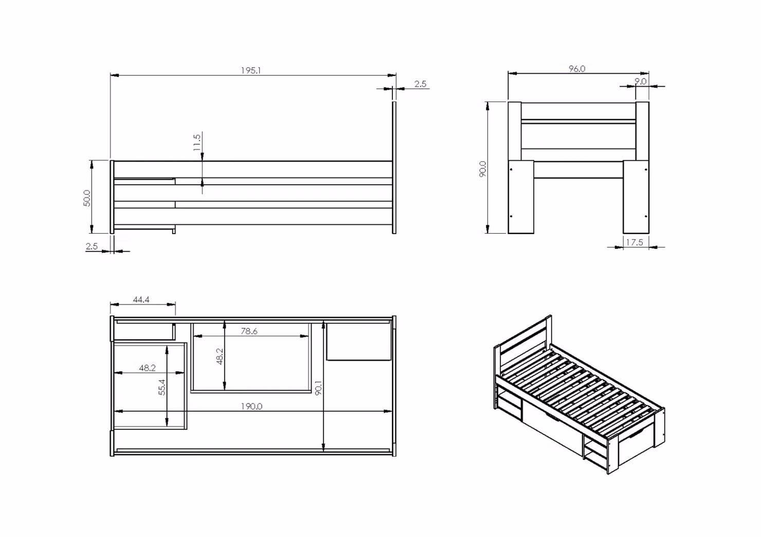 Noomi Hansa Modern Storage Bed with Drawers in White, W/D/H: 90 x 190 cm – 2
