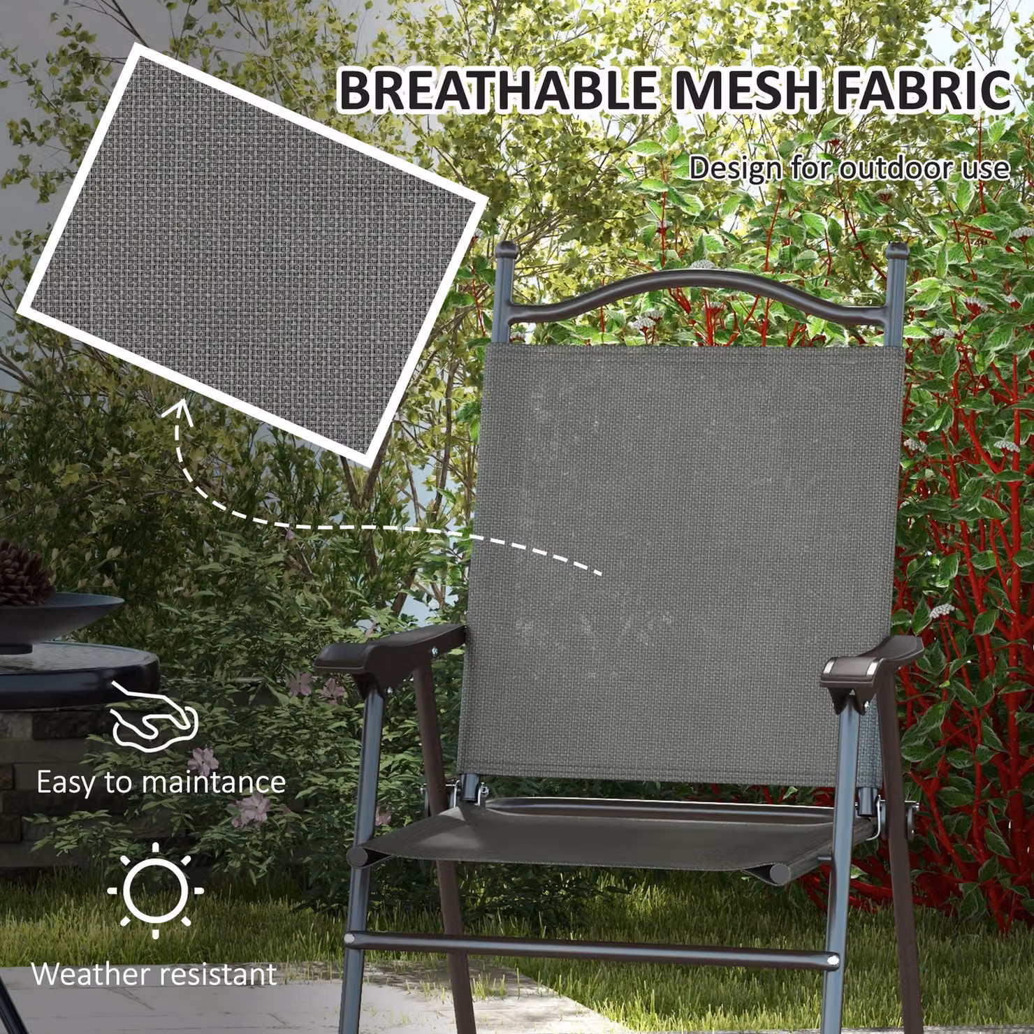 Outsunny Set of 2 Grey Folding Patio Camping Chairs for Adults with Armrests and Textilene Mesh Seats – 4