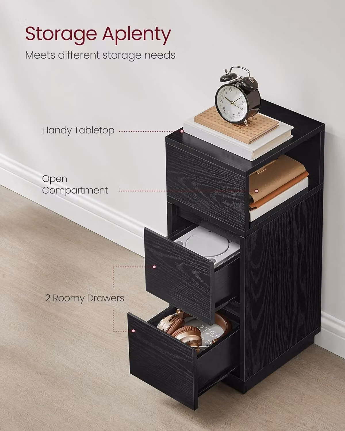 VASAGLE Slim Narrow Bedside Table with Drawers and Open Compartment in Black – 4