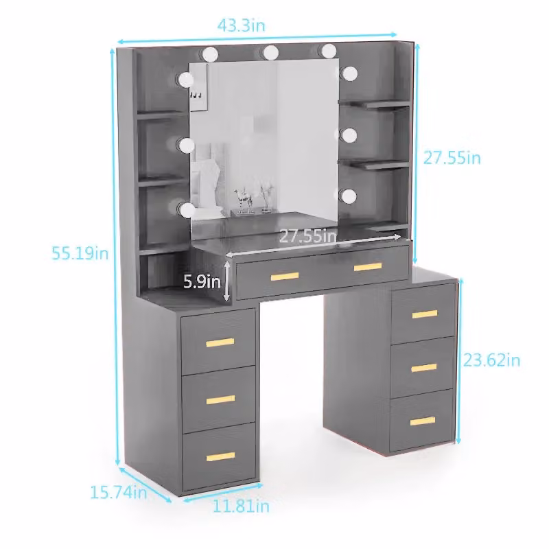 RAC3 Luxury Grey Vanity Makeup Table with Hollywood LED Mirror and Large Storage Drawers – 3