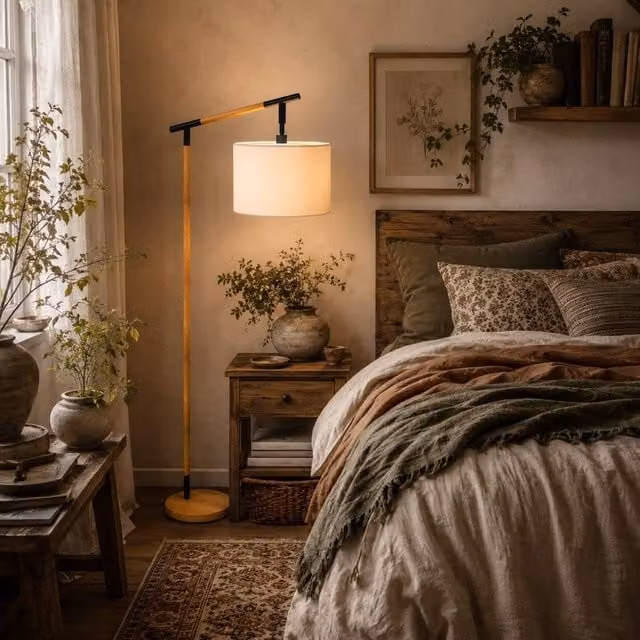 Wyld Haus Liloel Brown Metal Floor Lamp with Adjustable Beige Fabric Shade and LED Bulb, H 165 x W 35 x D 30 cm