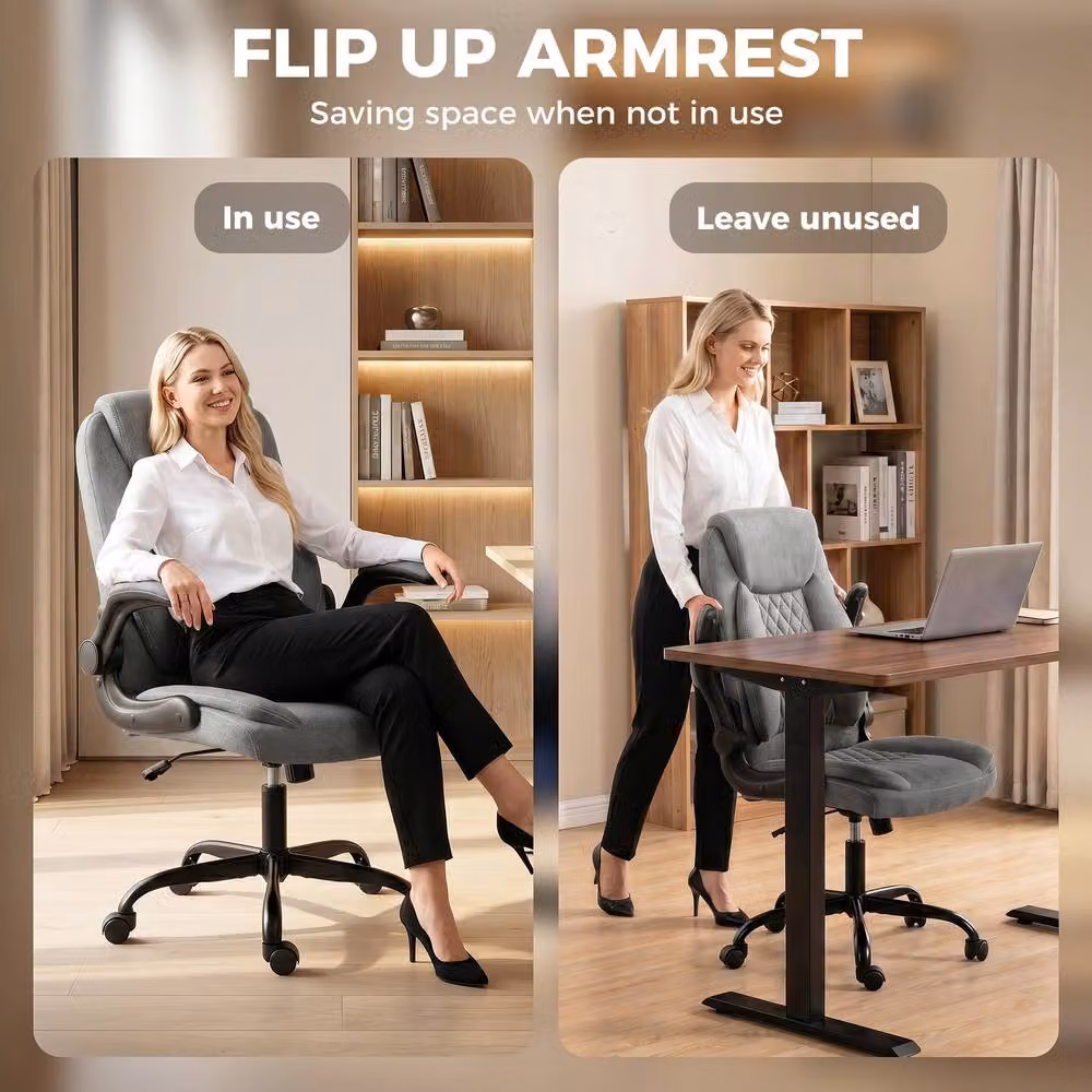 STILVORA Grey Fabric Office Chair with Flip-Up Armrests and Swivel Motion – 8