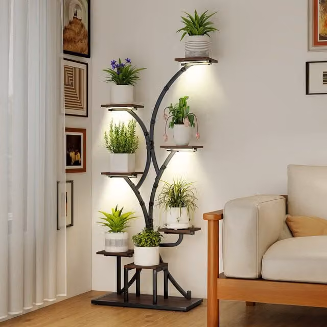 COSTWAY Modern 8-Tier Corner Plant Shelf with Integrated Lighting in Brown