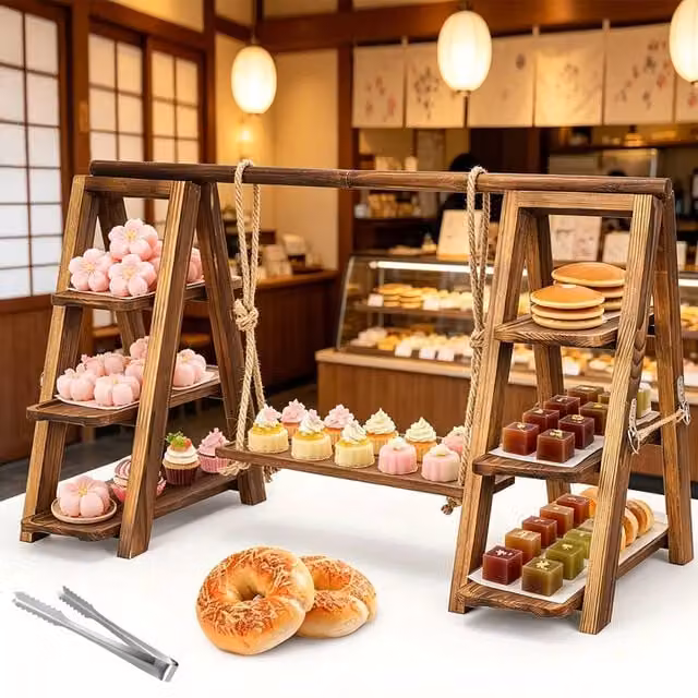 FORGEVIO Natural Wood Dessert Stand and Cupcake Serving Tray in Brown and Beige