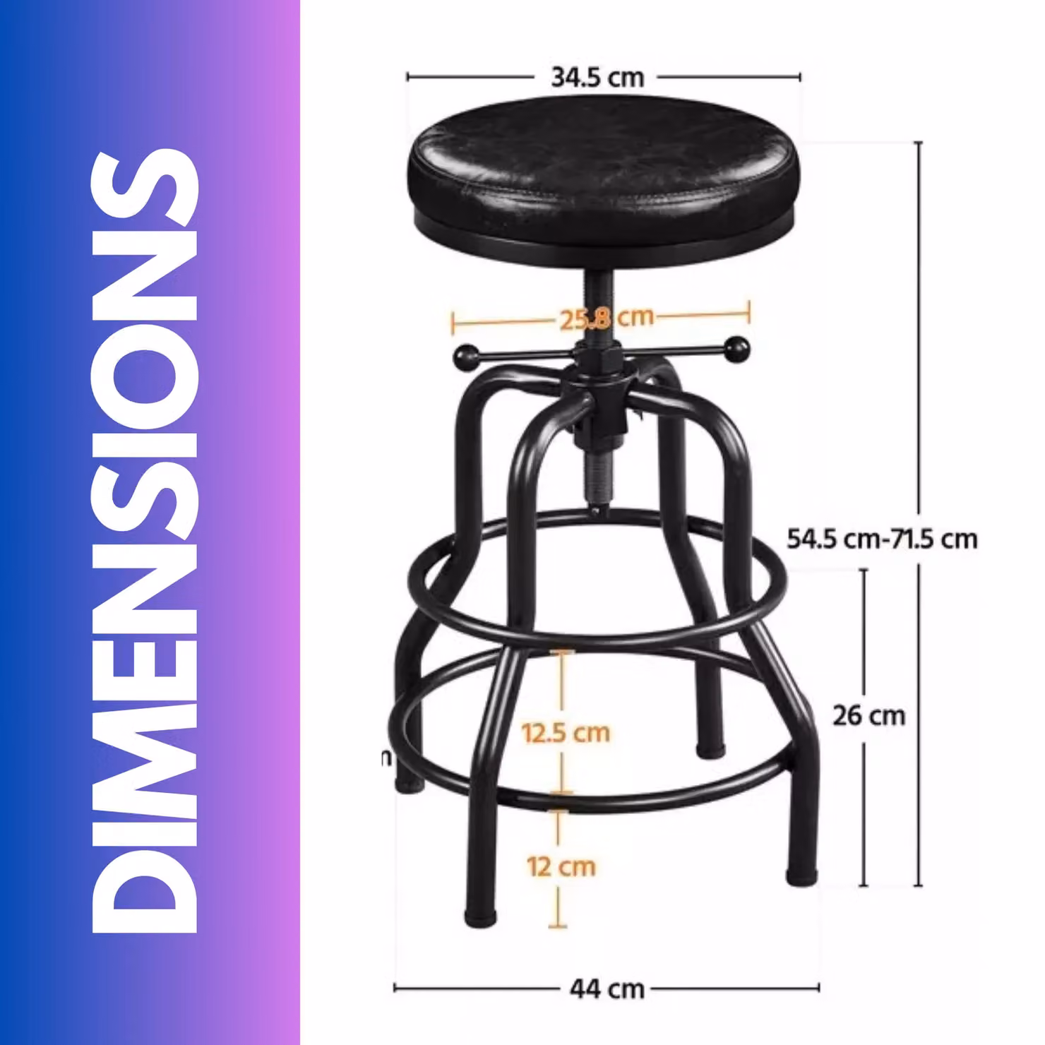 Rafaelo Mobilia Industrial Adjustable Height Retro Bar Stool in Black Matt Metal – 3
