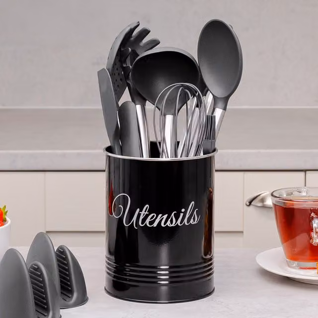 Innoteck 12 Piece Black Utensil Set and Round Utensil Pot