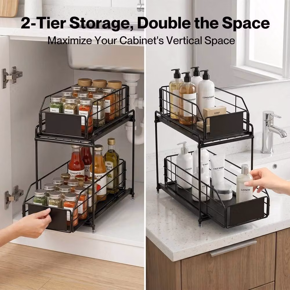 EONLION 2 Tier Metal Pull Out Under Sink Kitchen Cabinet Storage Basket in Black – 5
