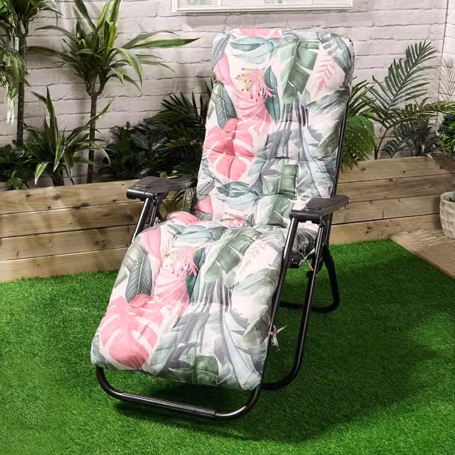 OHS Tropical Outdoor Sun Lounger with Filled Cushion in Green and Multicolour