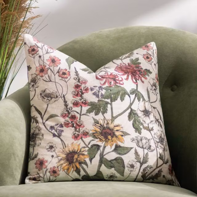 Wylder Nature Wallflower Floral Cotton Velvet Cushion, Multicolour, W/D/H: 50 x 50 x 50 cm
