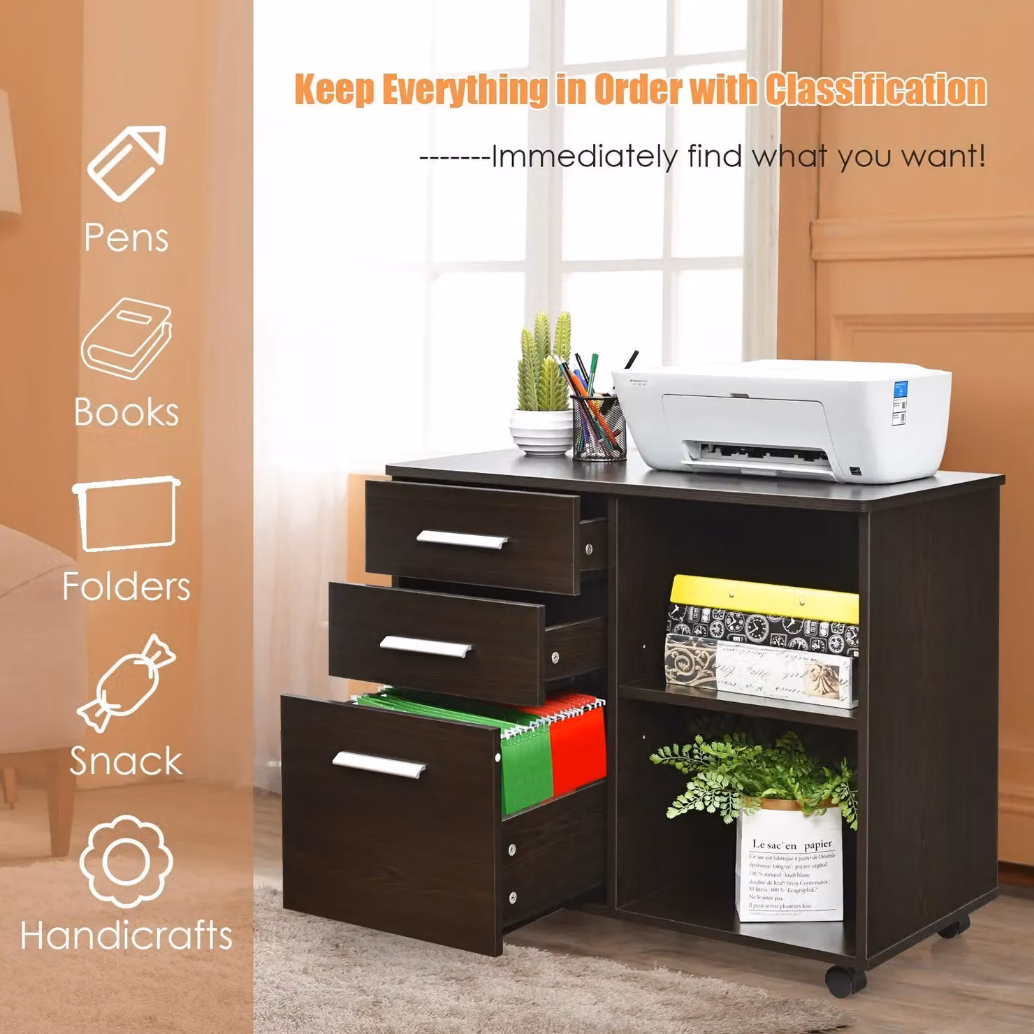 Costway 3-Drawer Mobile Printer Stand and Lateral Filing Cabinet with Hanging Bars in Brown – 3