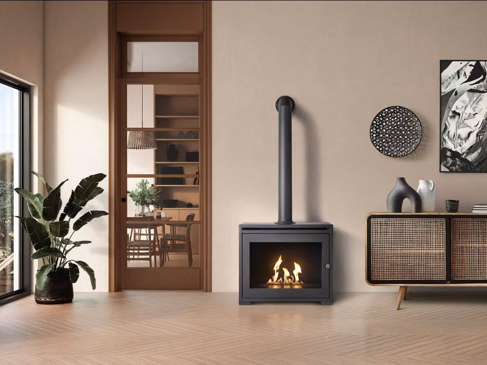 OKO S6 Bio Ethanol Stove in Grey with Extra Tall Angled Metal Stove Pipe – 2