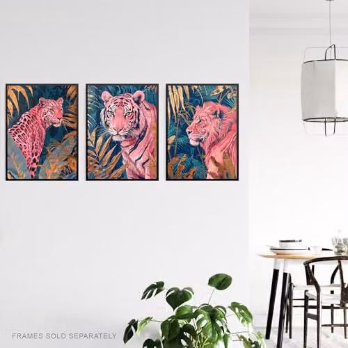 Artery8 Set of 3 Jungle Animal Wall Art Paper Poster Prints in Pink, Gold and Petrol – 3
