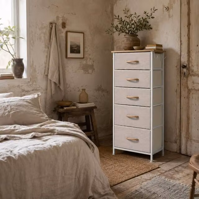 Wyld Haus Batoro 5 Drawer Fabric and Metal Storage Chest in Beige and White – 1