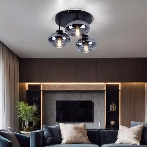 Globo Lighting Retro Smoked Glass Ceiling Light in Black with 3x E27 Sockets, Diameter: 40 cm, Height: 24 cm – 3