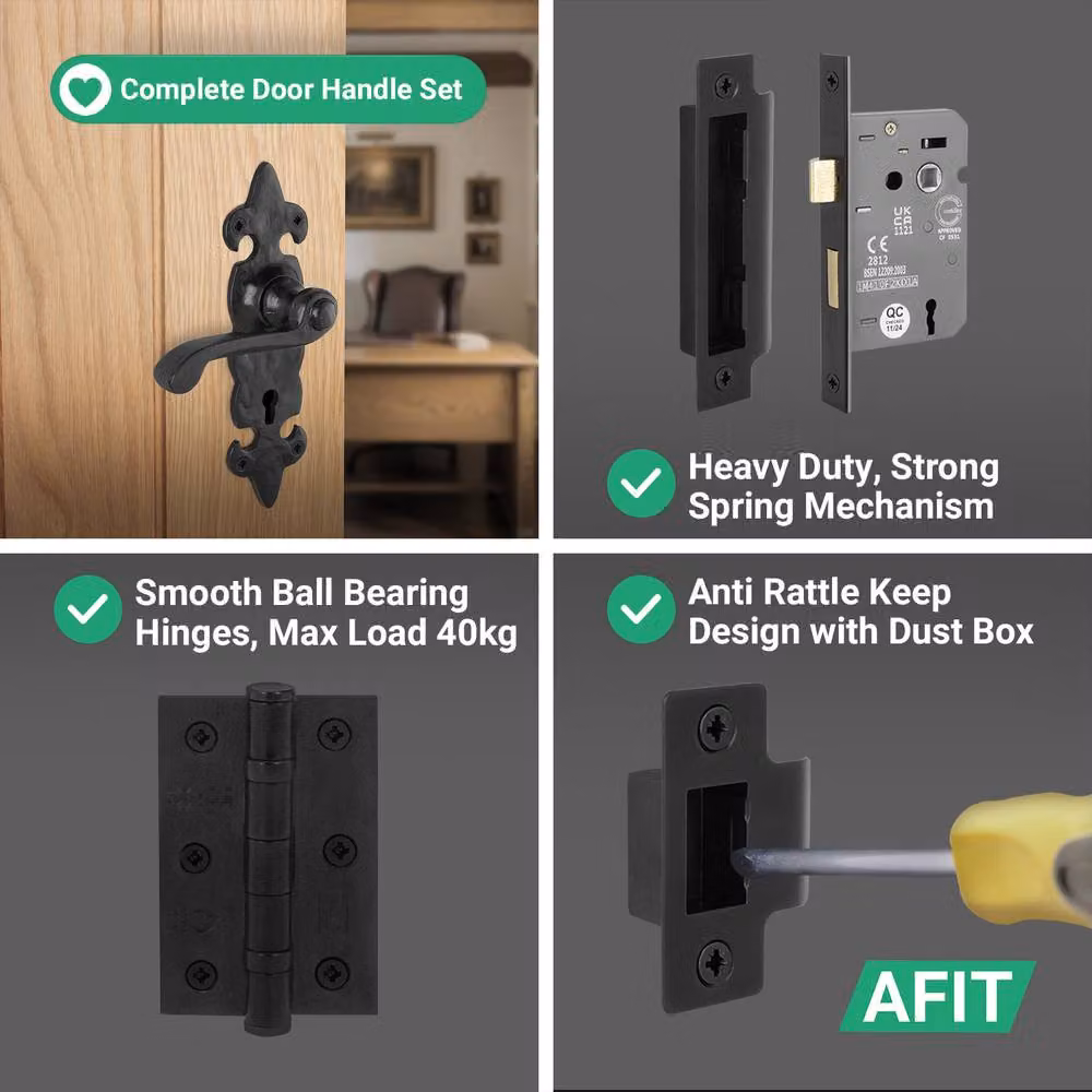 AFIT Black Antique Cast Iron Door Handles with Key Lock and 1 Pair of Hinges, W/D/H: 15.0 x 15.0 x 6.4 cm – 4