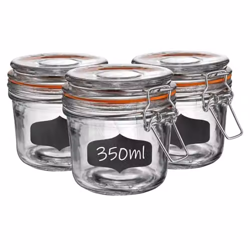 Argon Tableware Set of 6 Transparent Glass Storage Jars with Airtight Stainless Steel Clip Lids and Silicone Seals, 350ml – 1