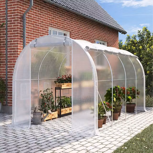 Livingandhome White Freestanding Walk In Tunnel Outdoor Greenhouse with Steel Frame and Roller Window, W/D/H: 400 x 300 x 200 cm