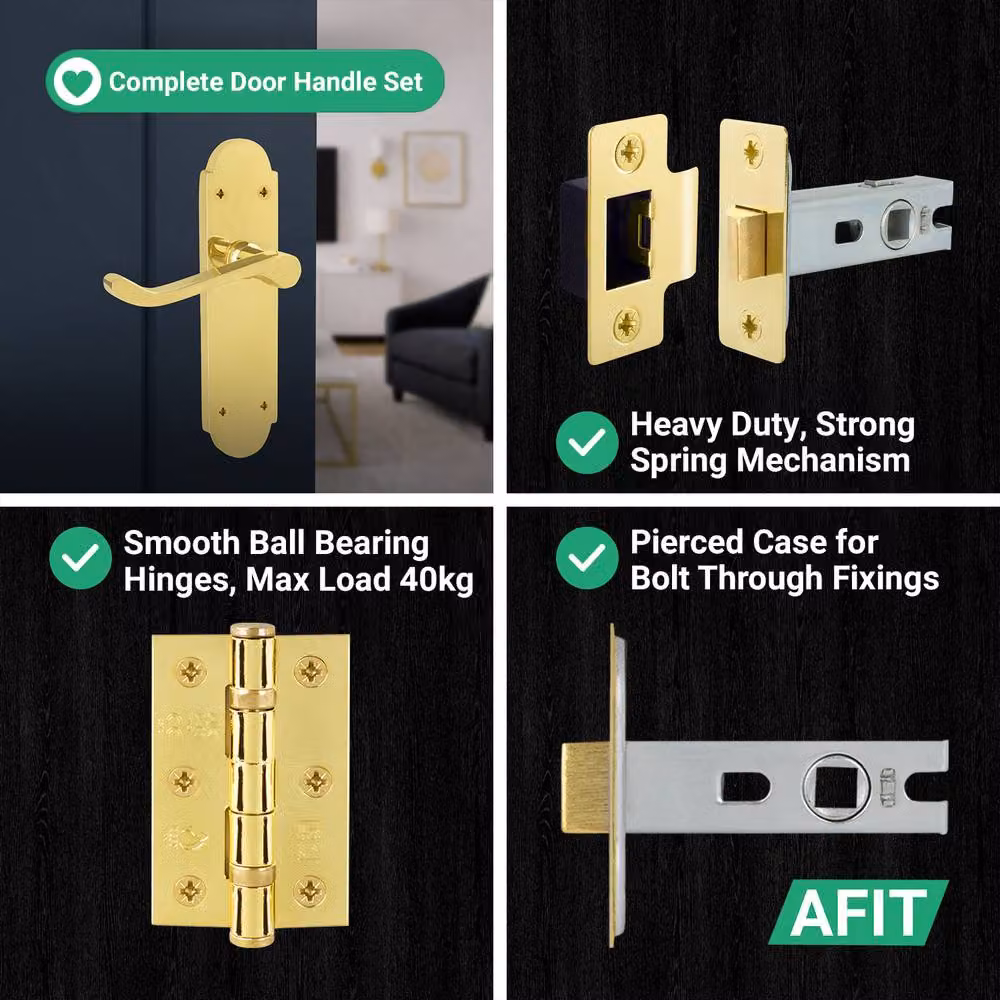 AFIT Polished Brass Door Handle Latch Set with Gold Hinges, 1 Pair – 2