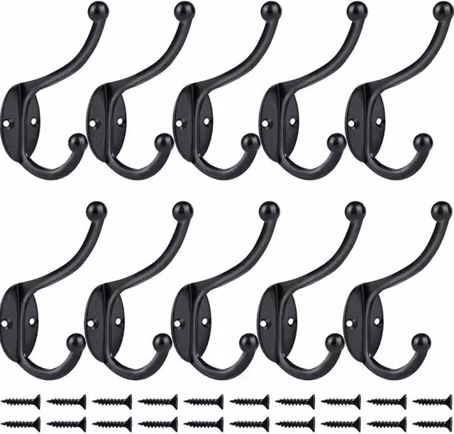 KDMD 10 Pack Black Zinc Alloy Double Wall Mounted Hat and Coat Hooks – 1