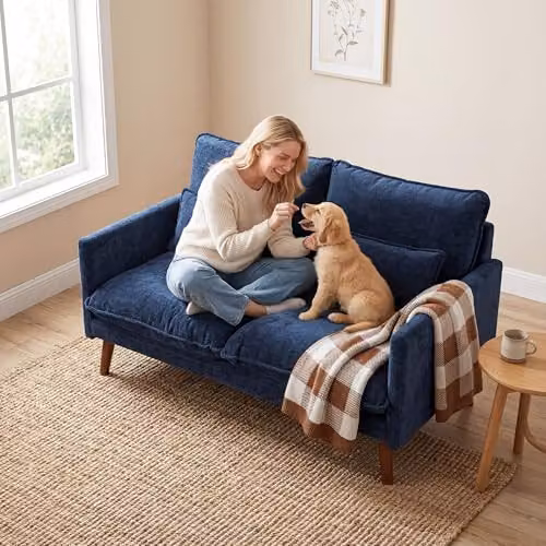 HOMCOM 2 Seater Modern Velvet Sofa in Blue with Scatter Cushions, W: 131 cm, H: 78 cm, D: 83 cm – 8