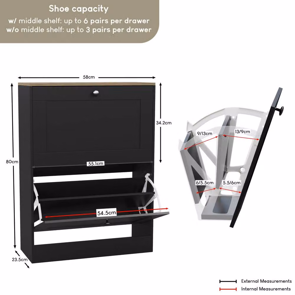 HD Designs Modern Black 2 Drawer Flip Down Shoe Cabinet with Tilting Compartments and Internal Shelves – 2